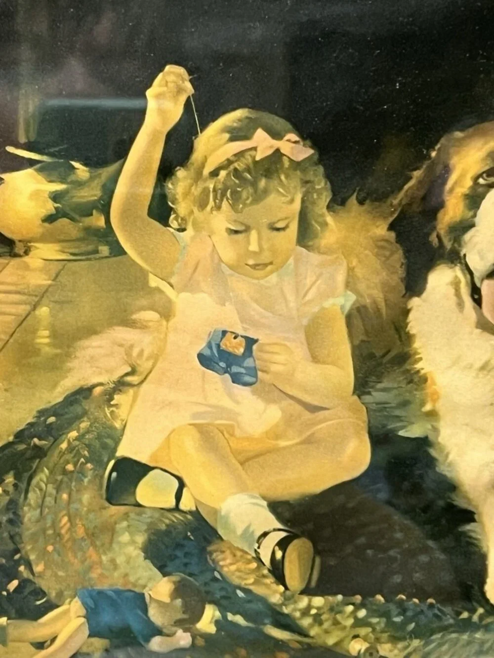 Vintage Framed Art Print Girl with Saint Bernard Dog 10.75” X 14” Tried and True